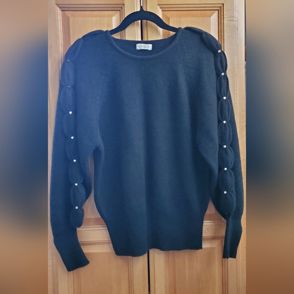 Vintage Crystal RHINESTONED Angora Sweater, Jet Black